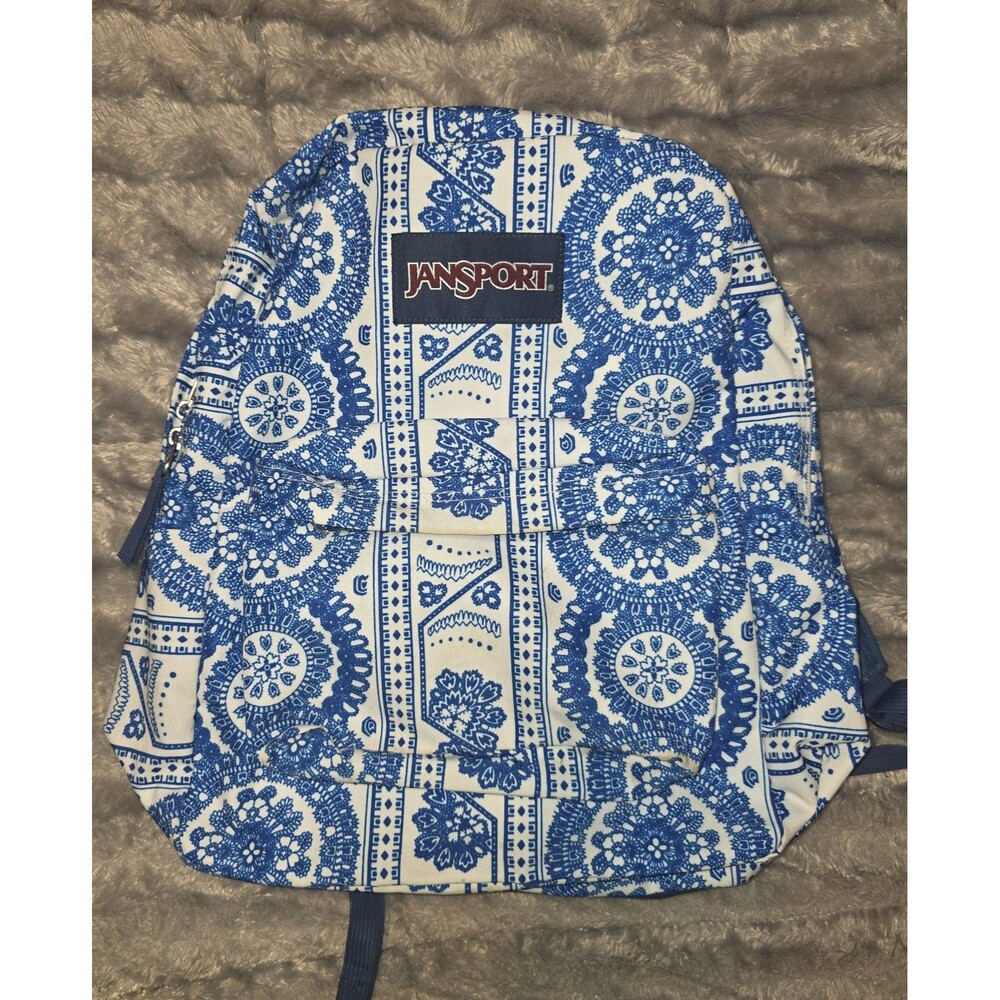 Beautiful paisley print blue & white Full size jansport backpack bookbag purse!